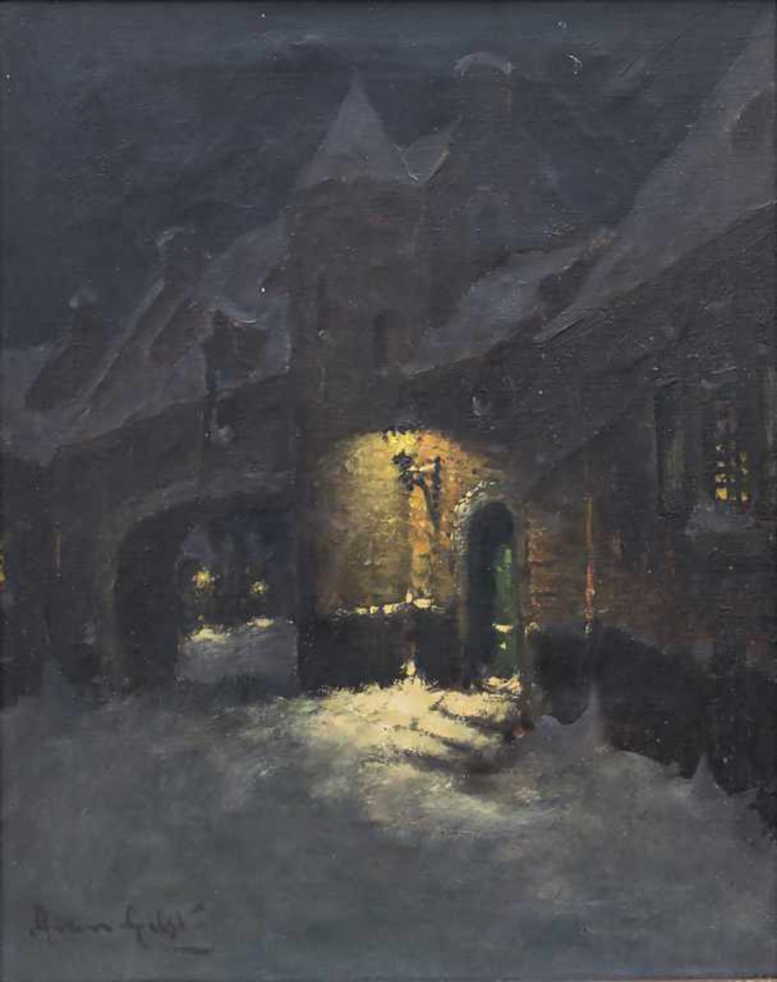 Aarnout van Gilst (1898-1981), 'Winterliche Altstadtgasse im Laternenschein' / 'Winterly Old