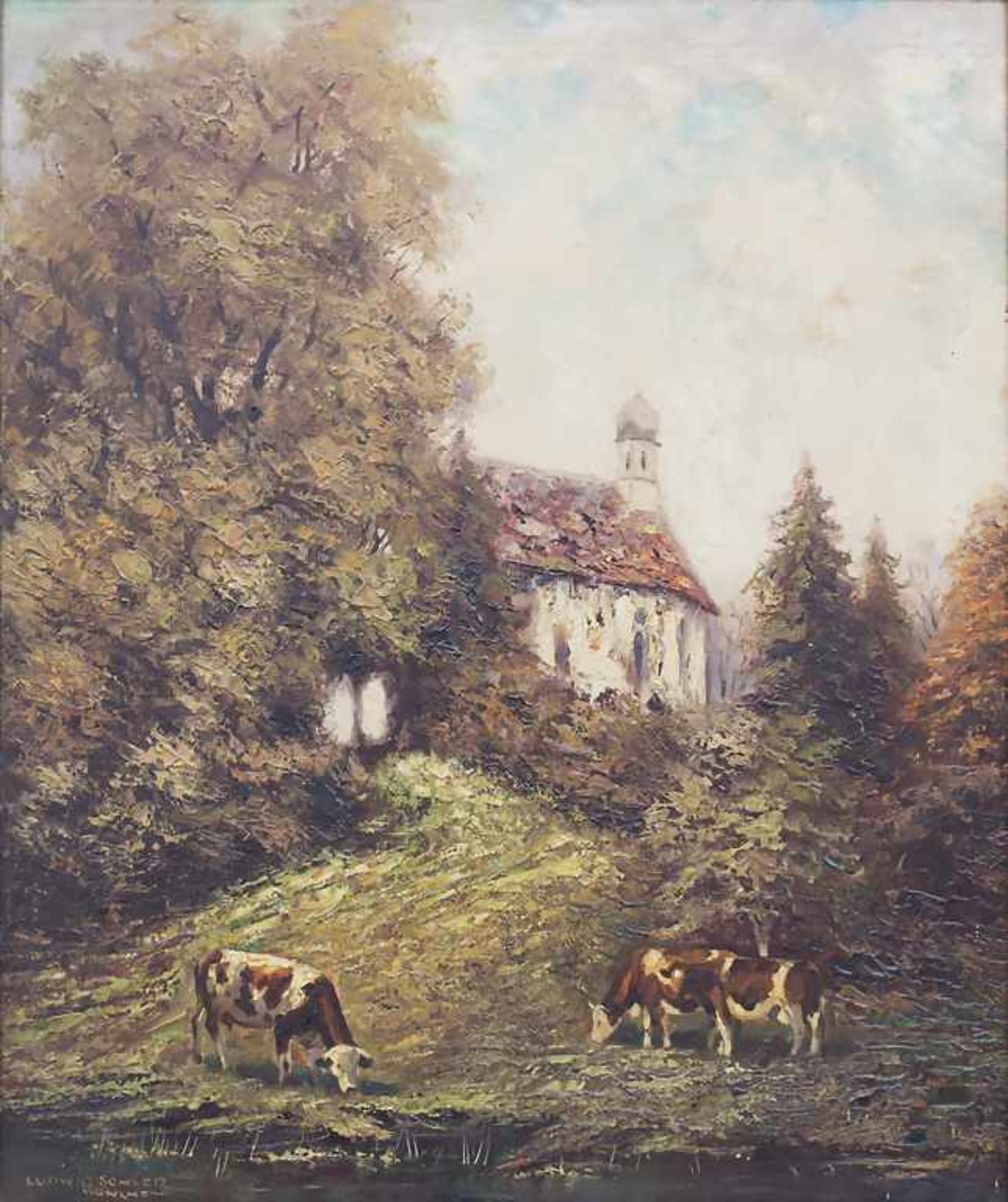 Ludwig Sohler (1907-1998), 'Kapelle und Kühe am Bachlauf' / 'Chapel and Cattle by a Brook'