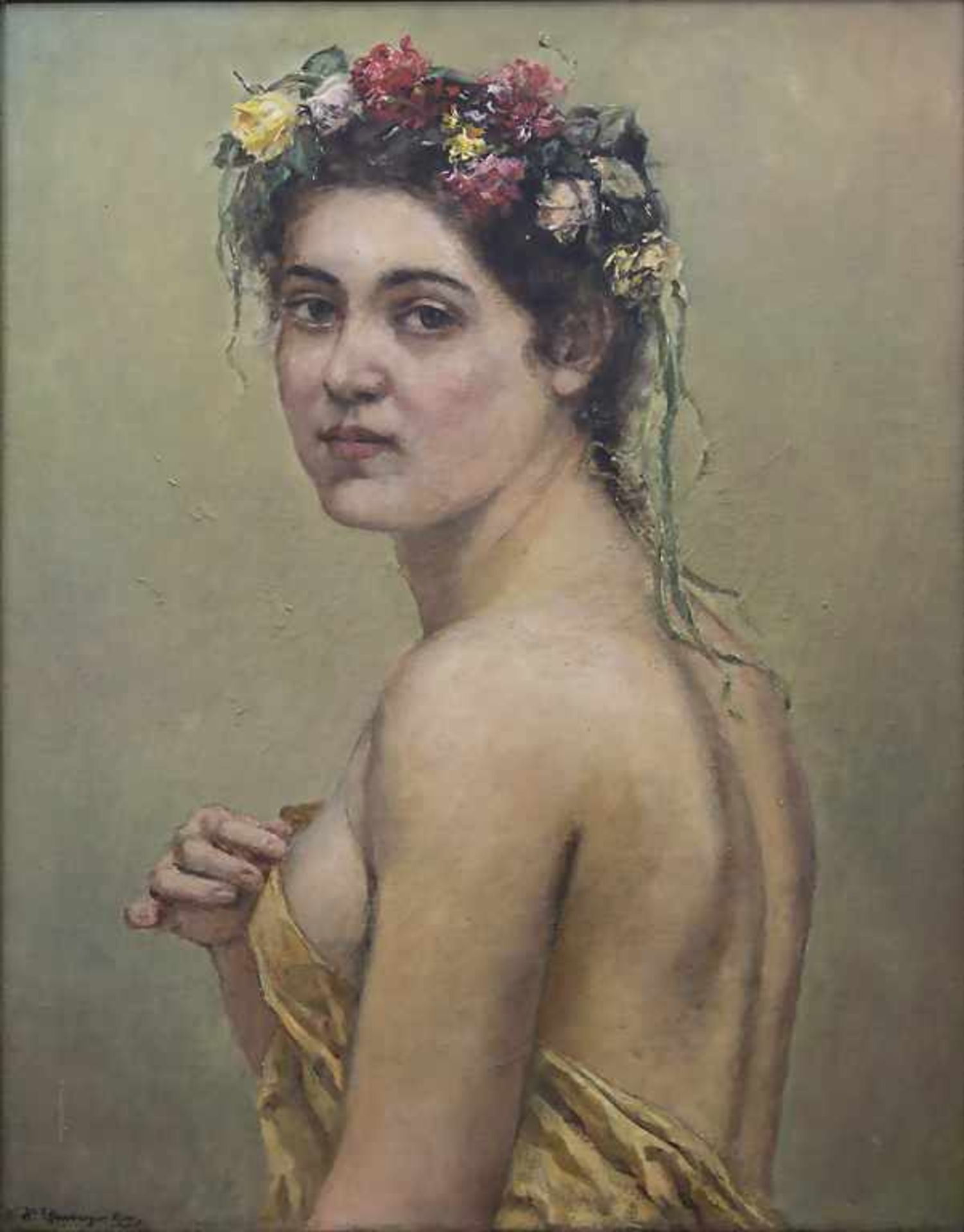 Hermann Effenberger (1842-1911), 'Porträt einer jungen Dame mit Blumenkranz' / 'Portrait of a