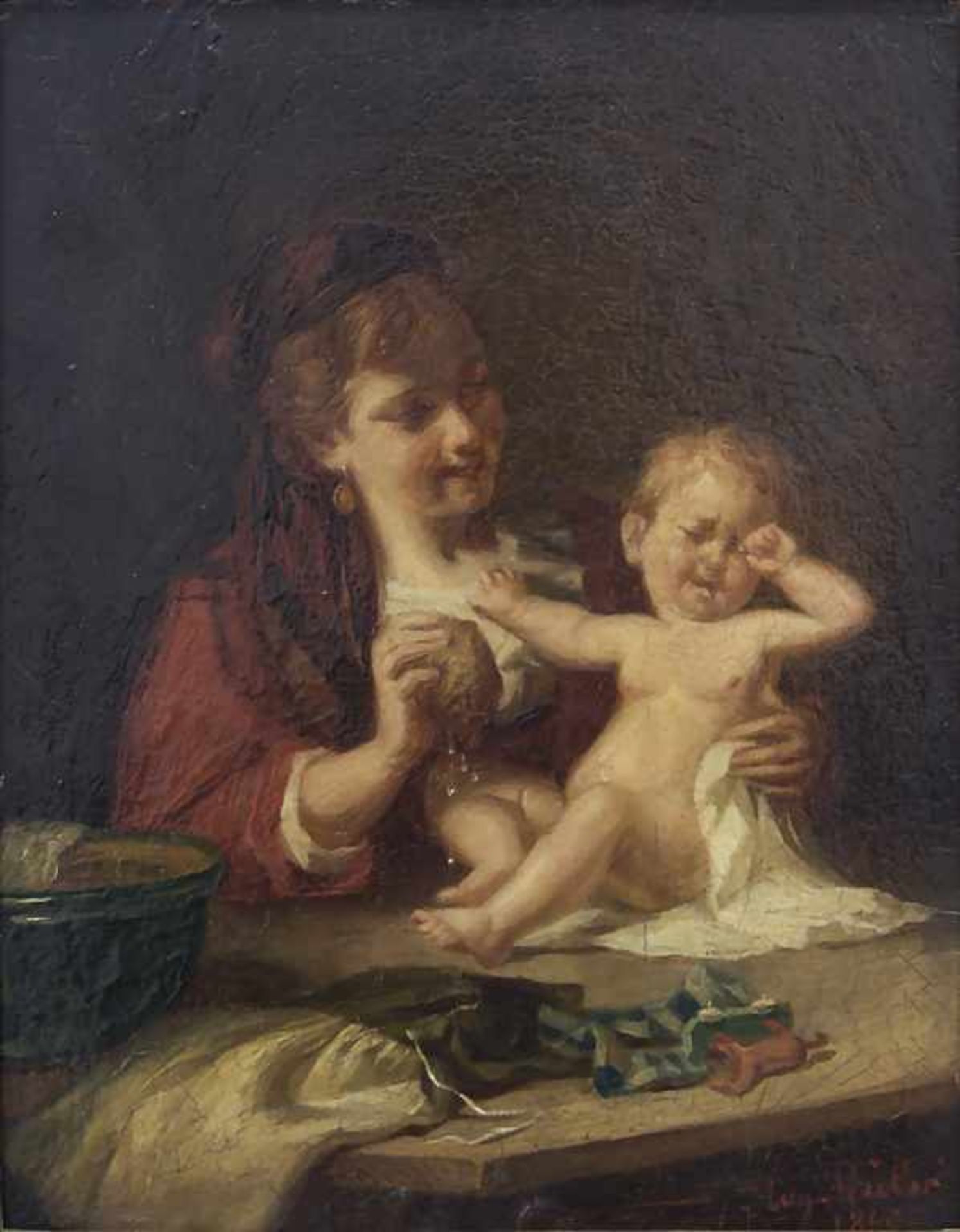 August Müller (1836-1885), 'Mutter und Kind bei der Morgenwäsche' / 'Morning Toilet of Mother and