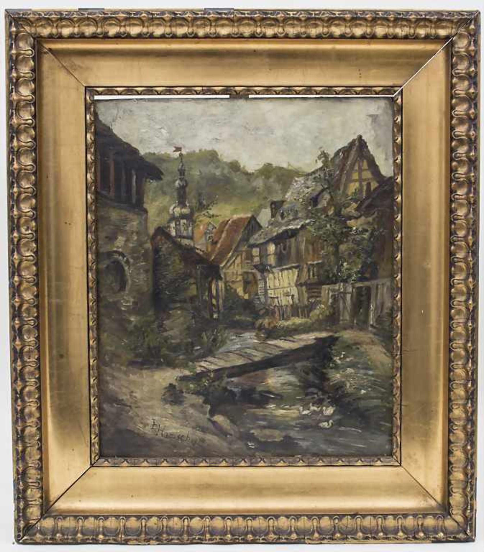 E. Hanisch (tätig um 1919), 'Fachwerkdorf am Bachlauf' / 'A Framework Village' Technik: Öl auf - Bild 3 aus 3