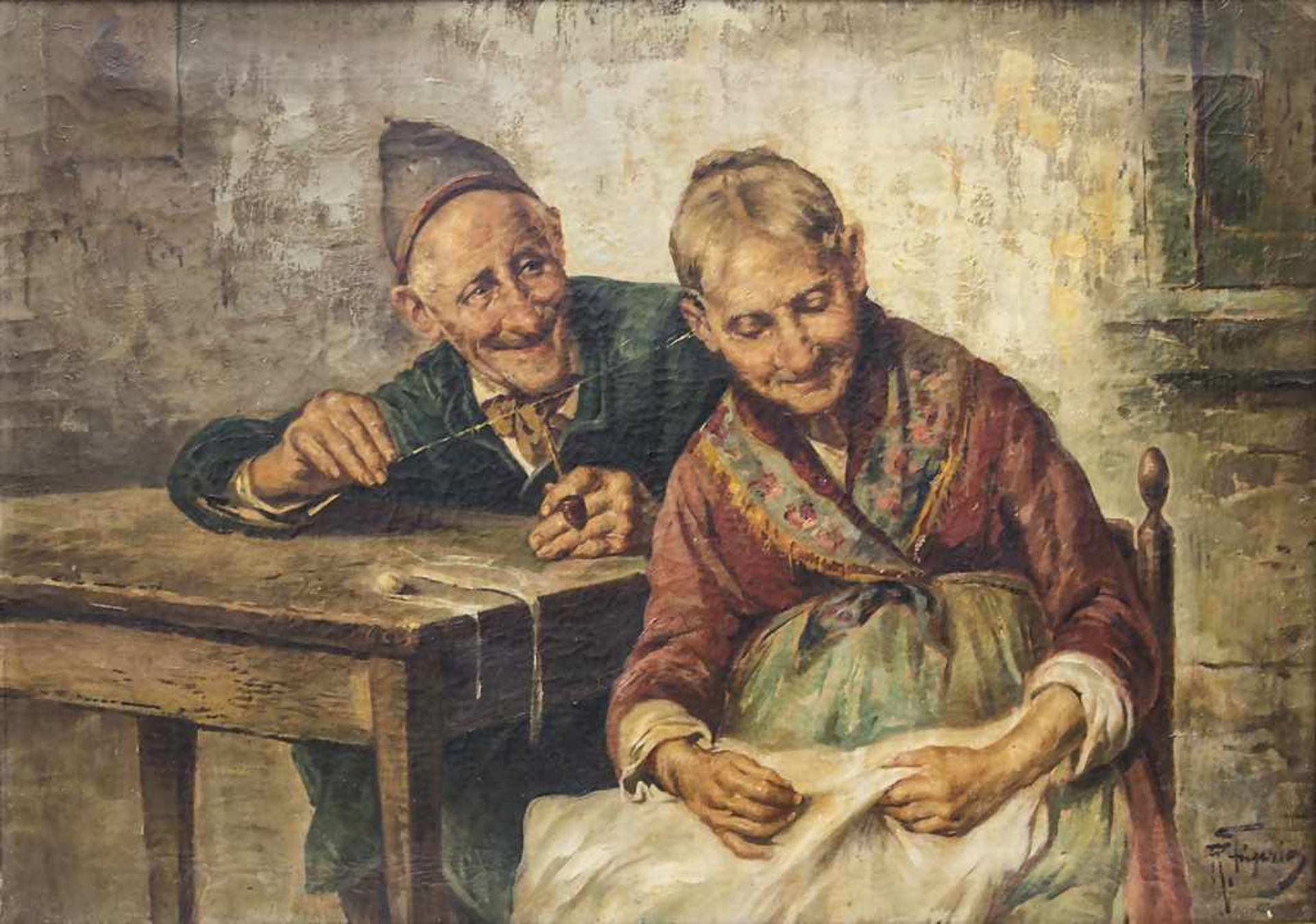 R. Fugerio (19. Jh.), 'Sich neckendes altes Bauernpaar' / 'A Teasing Old Couple' Technik: Öl auf