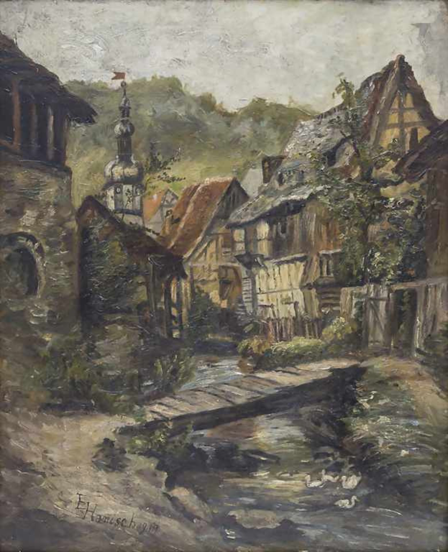 E. Hanisch (tätig um 1919), 'Fachwerkdorf am Bachlauf' / 'A Framework Village' Technik: Öl auf