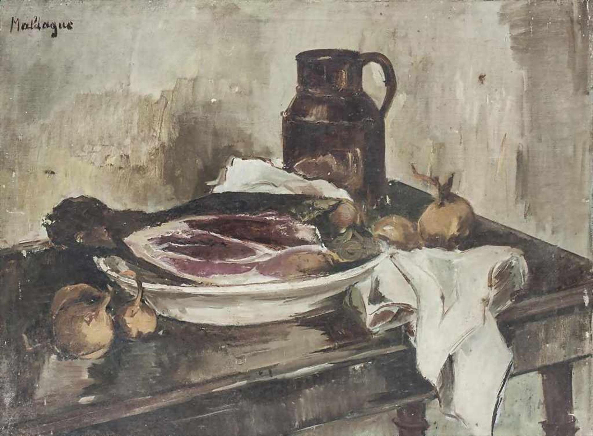 Stillleben mit Schinken/Still Life With Ham, Maldague, Mitte 20. Jh. ÖL/Lw. Küchenstillleben mit