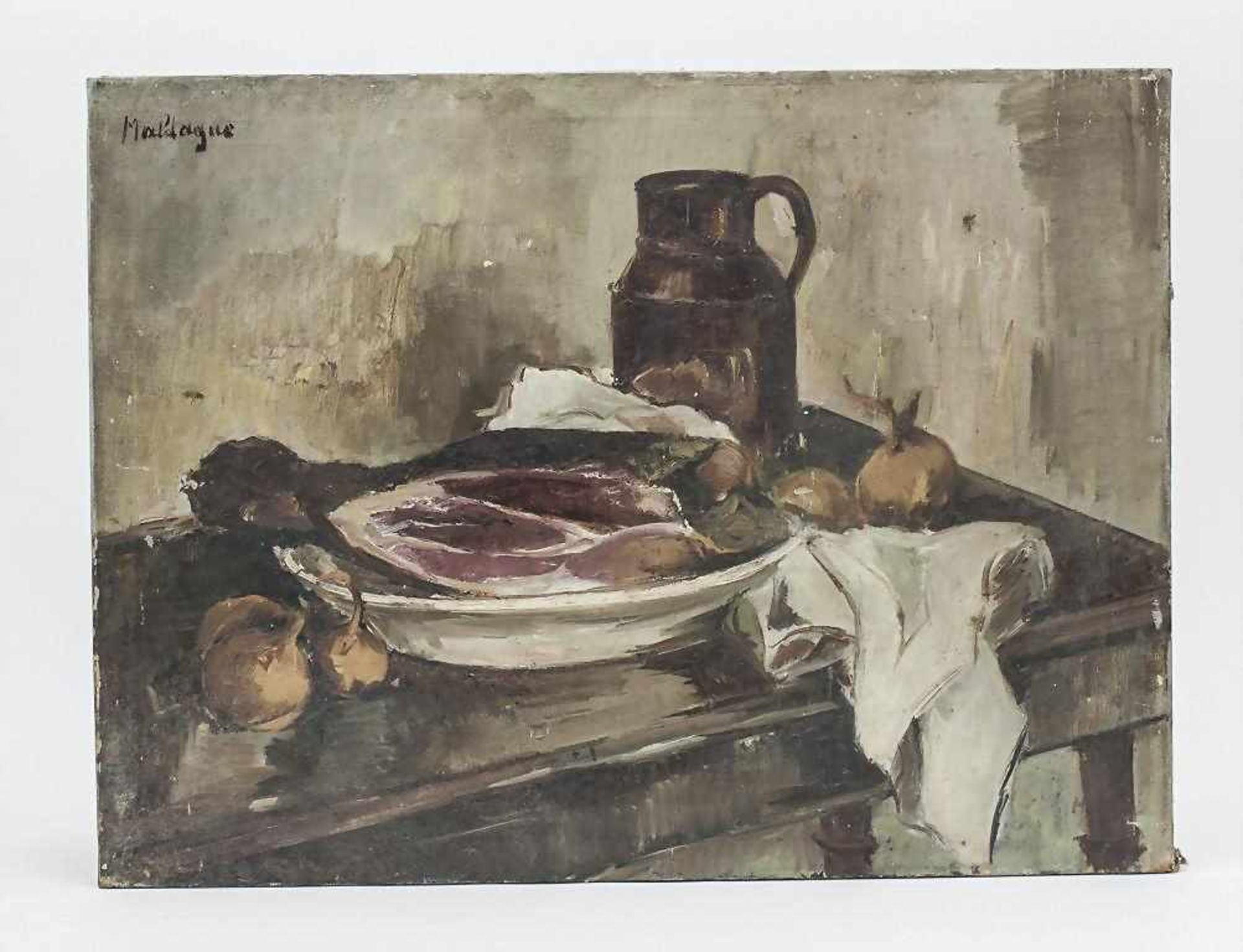 Stillleben mit Schinken/Still Life With Ham, Maldague, Mitte 20. Jh. ÖL/Lw. Küchenstillleben mit - Bild 3 aus 3