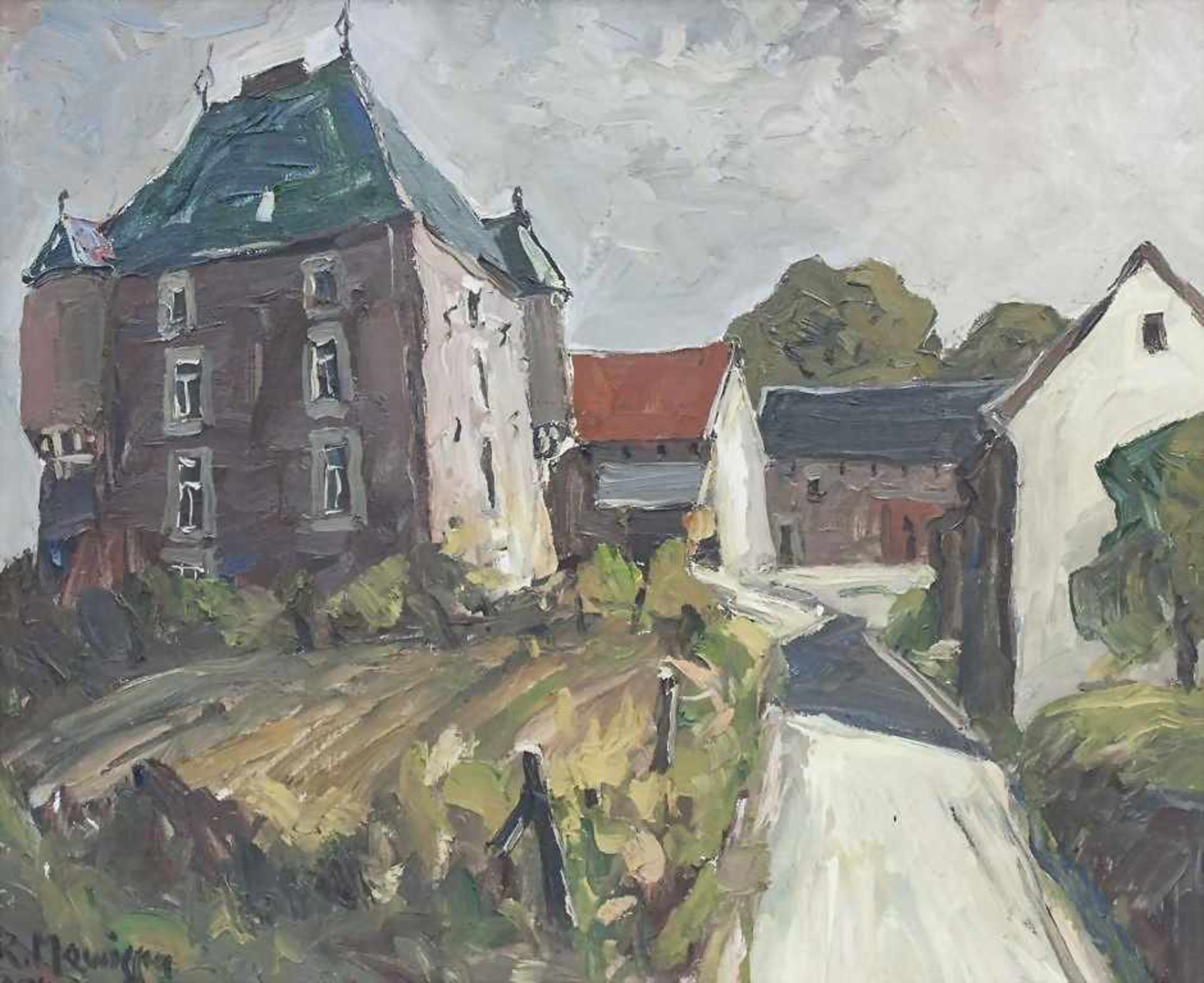 Hofgut/Estate Farm, René Mewissen (1913-1991), 1974 Öl/Lw. Auf einer Anhöhe stehende Häuser eines