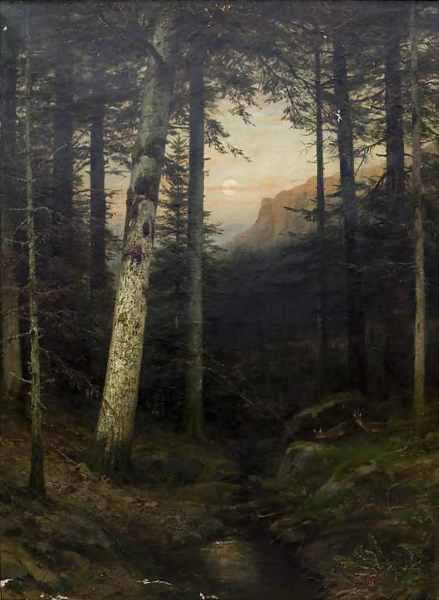 Carl Ludwig Fahrbach (1835-1902), 'Morgenstimmung mit Rehen' / 'Forrest Landscape with Deer'