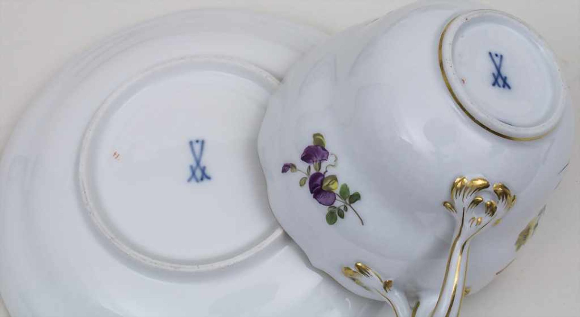 6 Gedecke mit Blumen und Insekten / 6 cups, 6 saucers, 6 plates with flowers and insects, Meissen, - Bild 2 aus 5