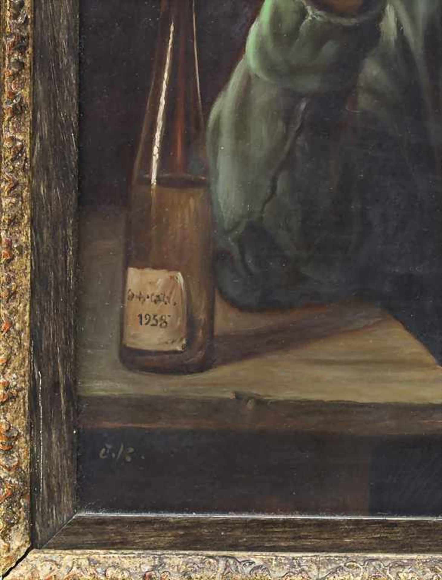 Monogrammist 'J.K', 'Weinprobe' / 'Wine tasting', 1958 Technik: Öl auf Karton, gerahmt, Signatur: - Bild 2 aus 3