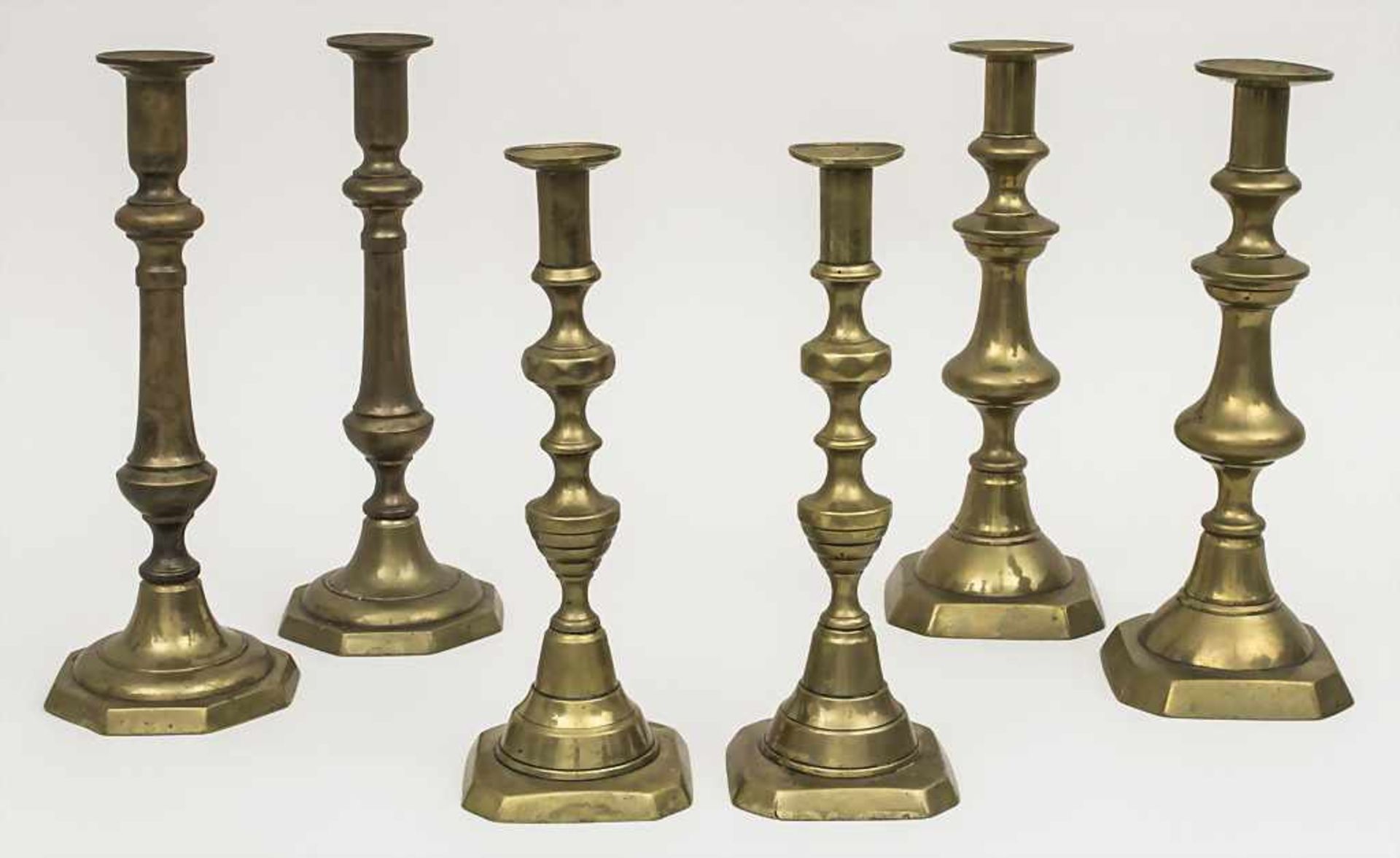 3 Paar Kerzenleuchter / 3 pairs of candlesticks, 20. Jh. Material: Messing, Höhen: 27,5 - 30,5 cm,