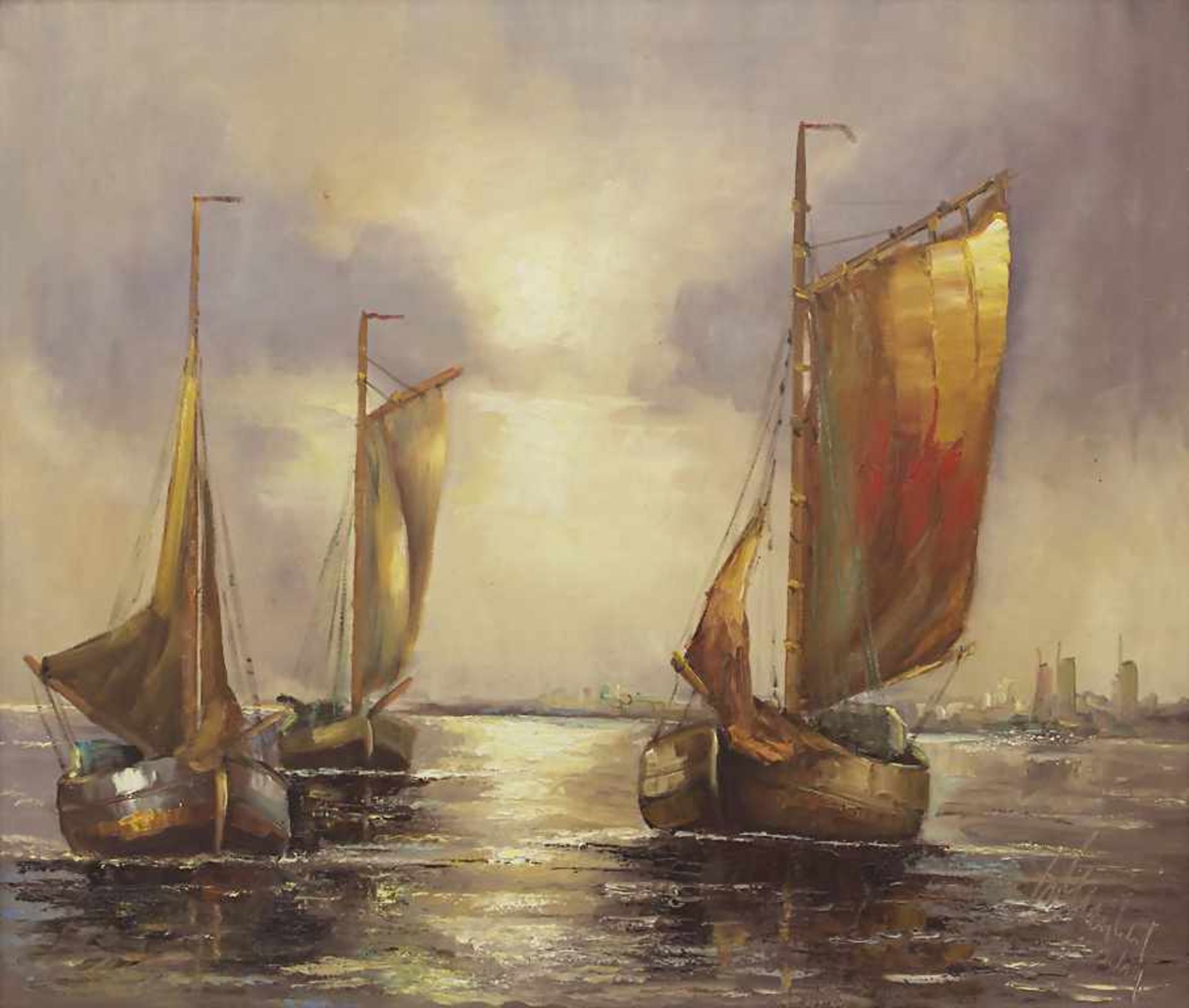 Walter Schubert (*1899-?), 'Fischerboote im Sonnenuntergang' / 'Fisherboats at sunset' Technik: Öl