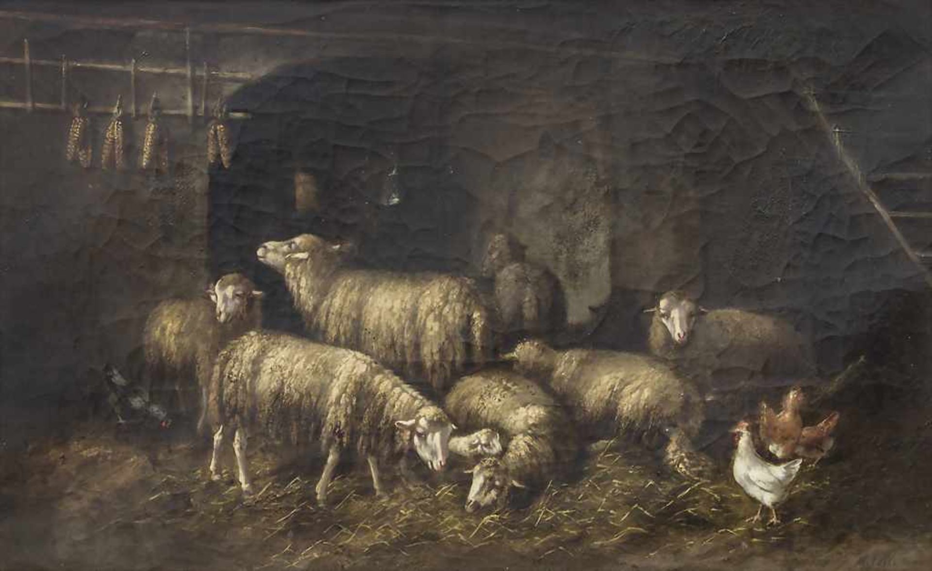 J. Metelle (19. Jh.) 'Schafe und Hühner im Stall' / 'Sheep and chicken in a stable' Technik: Öl