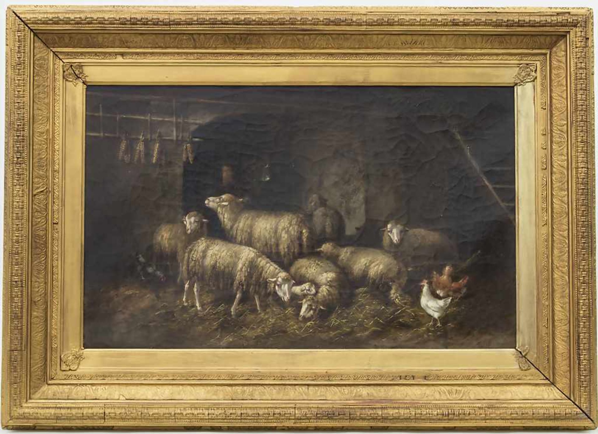 J. Metelle (19. Jh.) 'Schafe und Hühner im Stall' / 'Sheep and chicken in a stable' Technik: Öl - Bild 3 aus 4