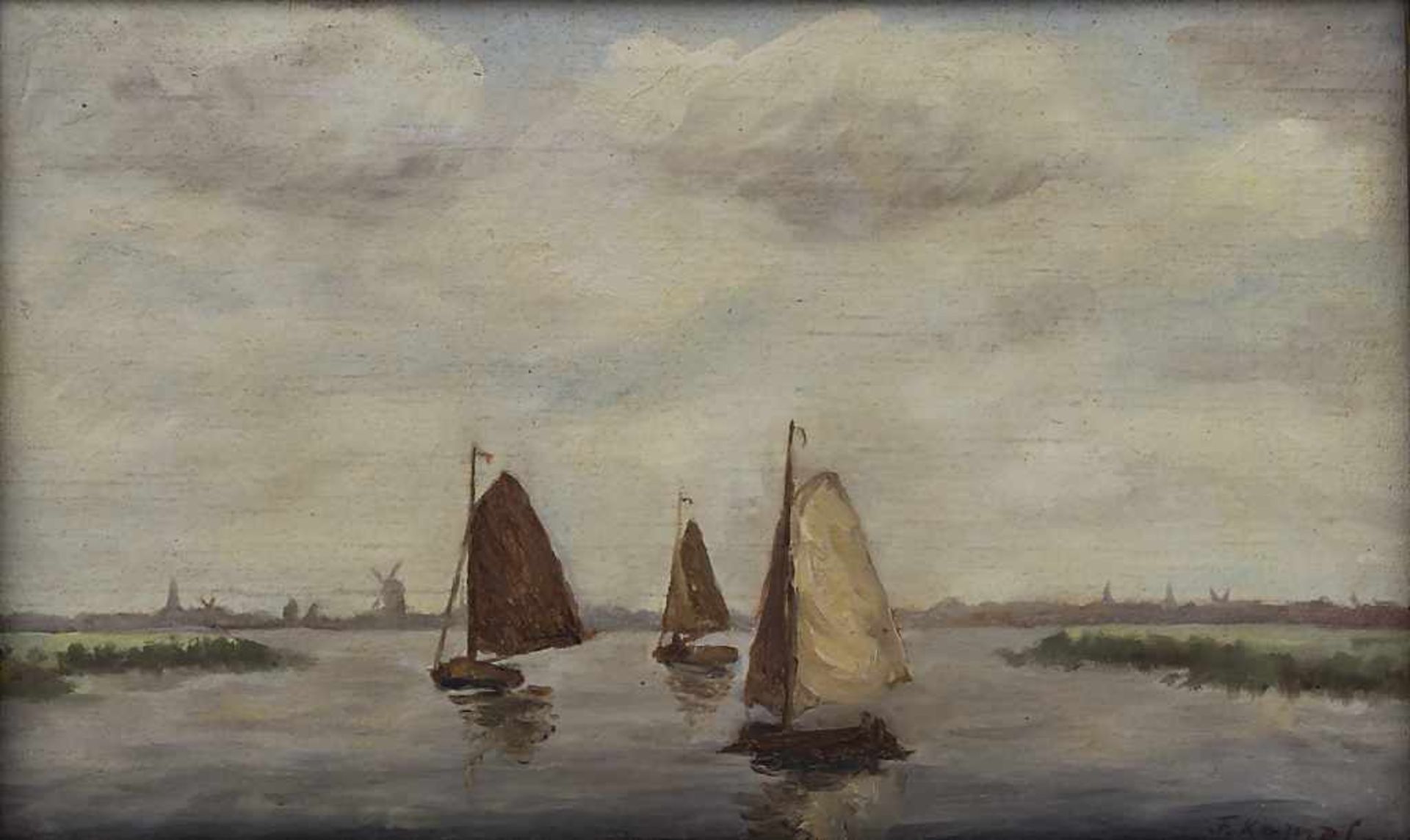 F. Kampf (19./20. Jh.), 'Segelboote vor niederländischer Küste' / 'Dutch coast with sailing boats'