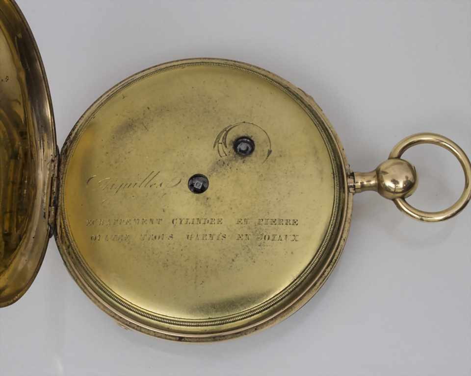 Offene Herrentaschenuhr ¼ Std.-Repetition, Schweiz/Swiss, um 1820 Gehäuse: Gold 18 Kt 750/000, - Bild 3 aus 4