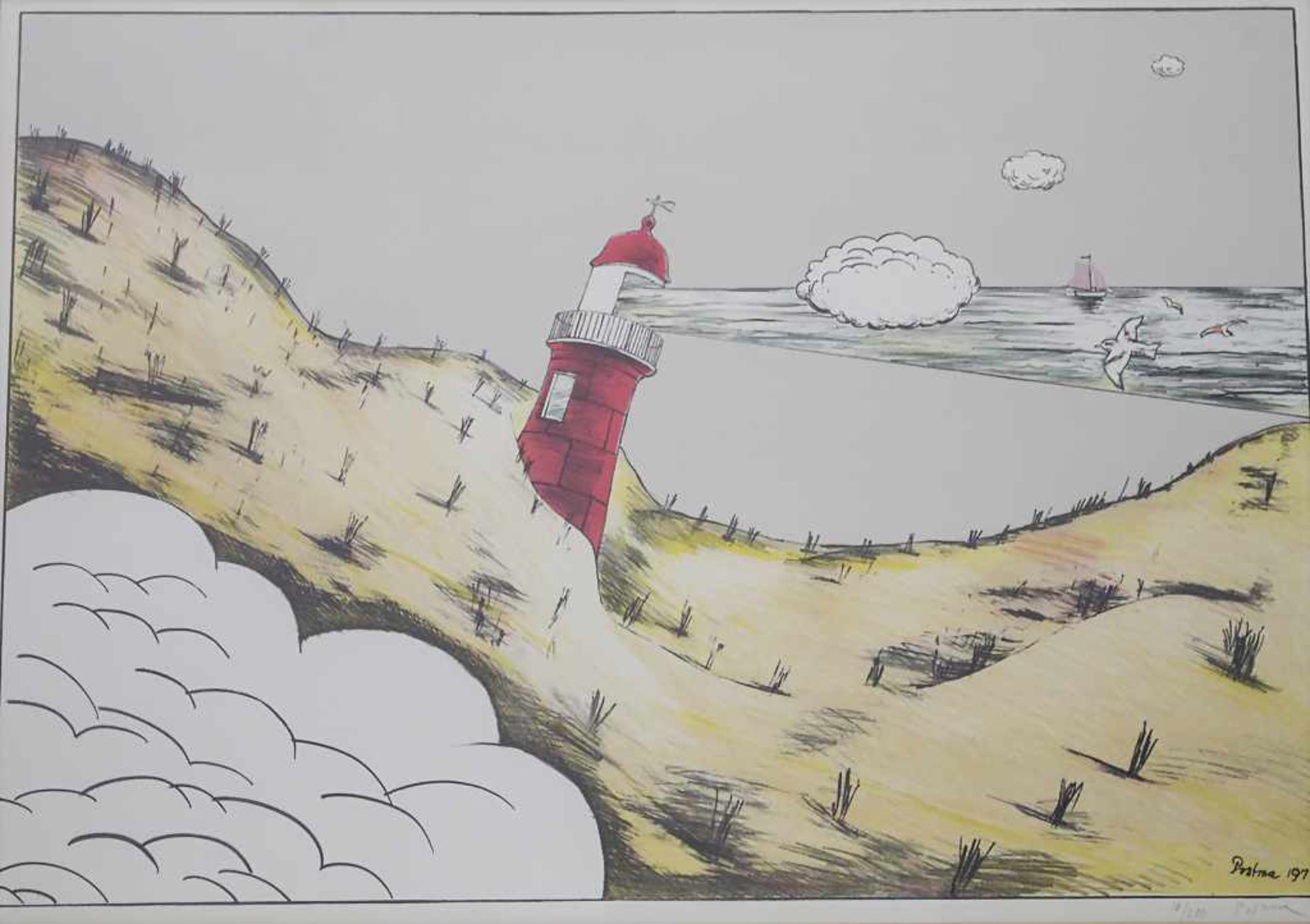 Hannes Postma (*1933), 'Leuchtturm' / 'A lighthouse' Technik: Farblithografie, gerahmt, hinter