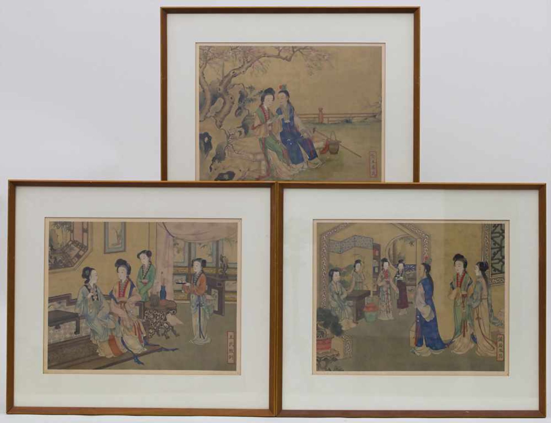 3 chinesische Tuschemalereien 'Hofdamen' / 3 Chinese ink paintings 'court ladies', 18./19. Jh.