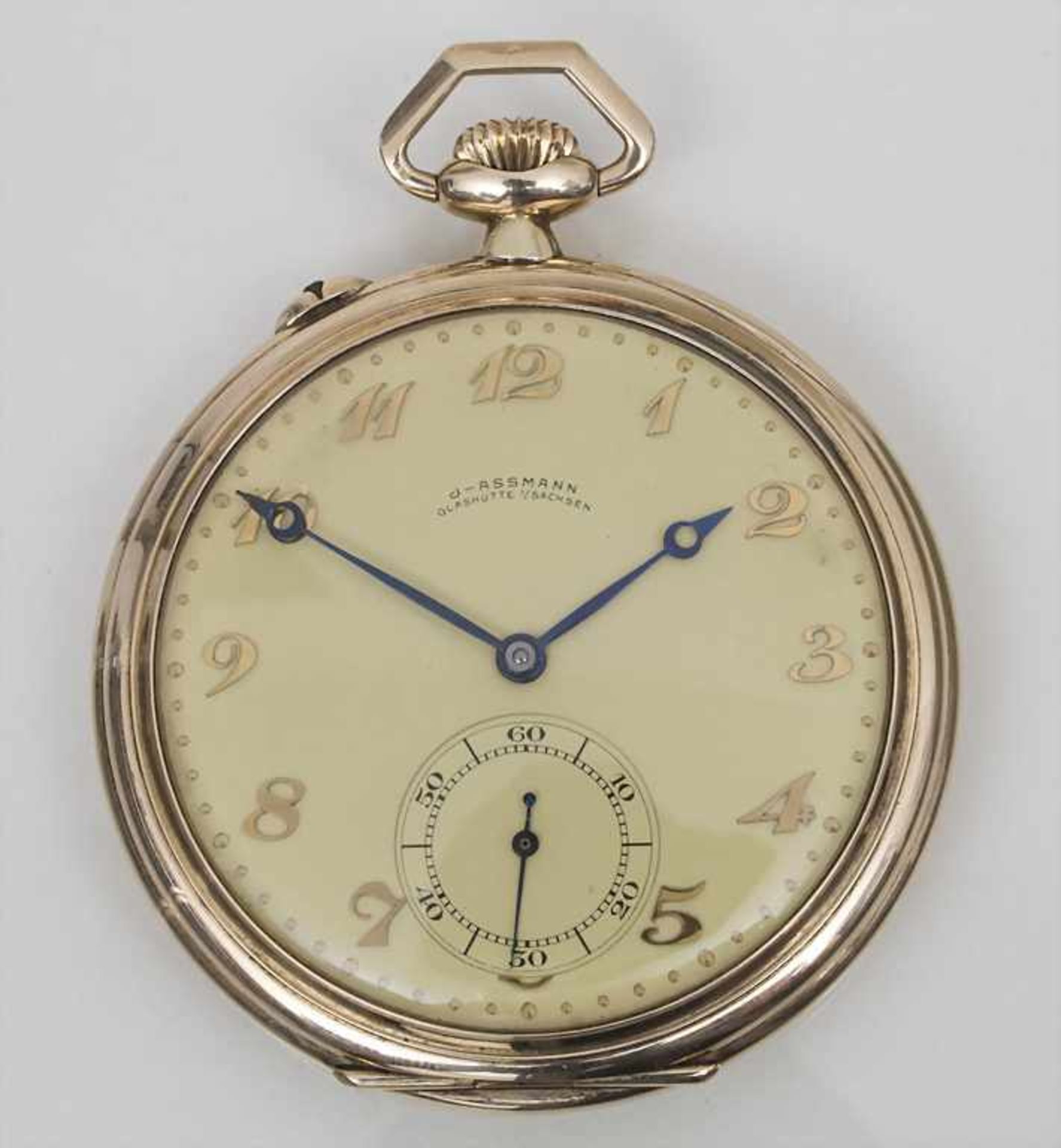 Offene Herrentaschenuhr / A pocket watch, J. Assmann, Glashütte in Sachsen, um 1915 Gehäuse: Gold 14