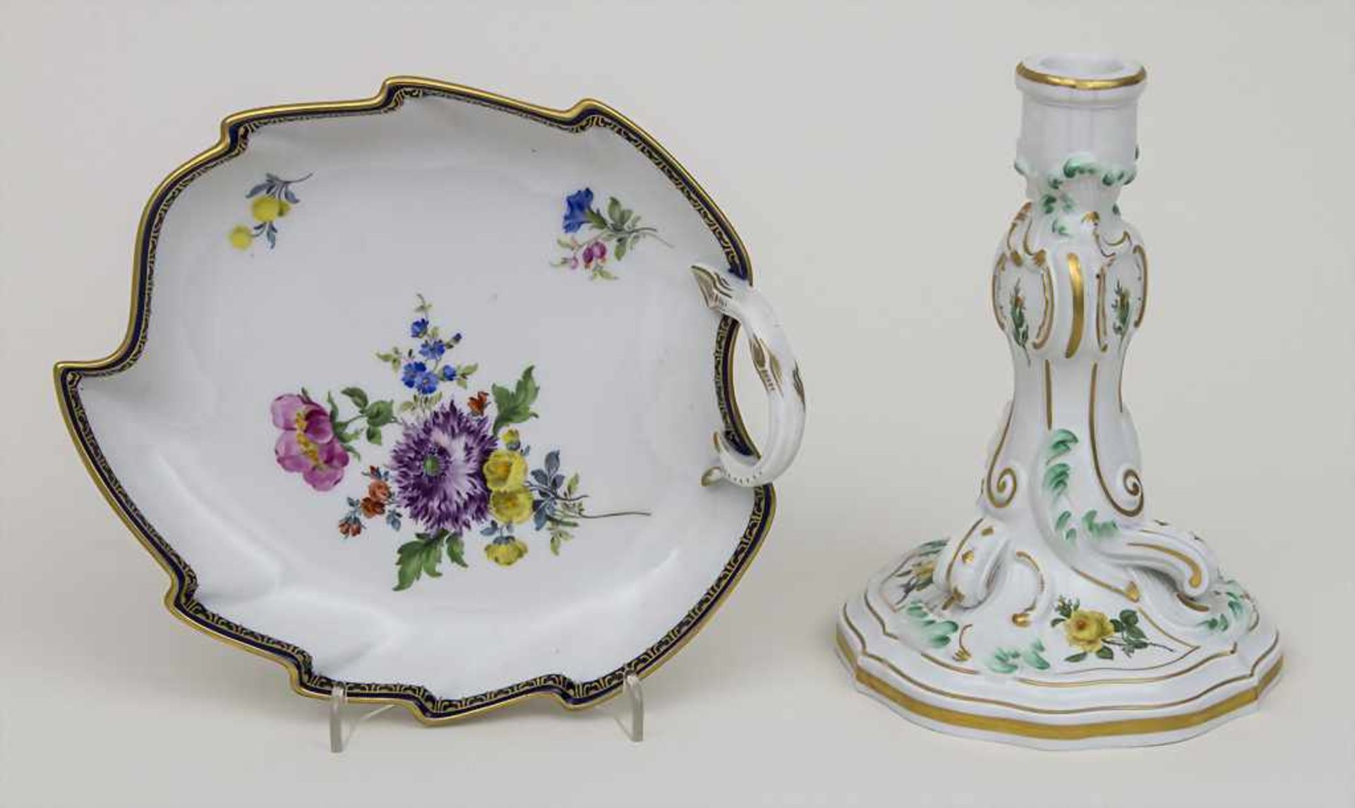 Blattschale und Leuchter mit Blumenmalerei / A leave bowl and a candlestick with flowers, Meissen,