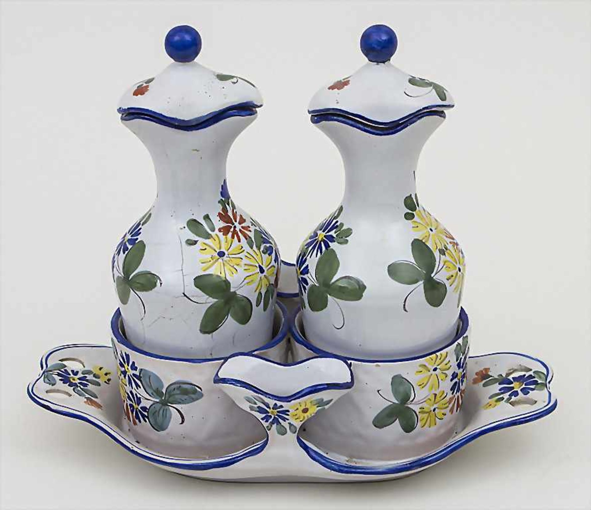 Fayence-Menage / A fayence cruet stand, Frankreich, Anfang 20. Jh. Material: Fayence, polychrom