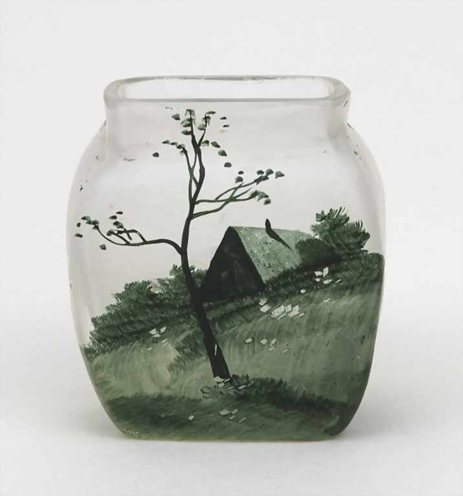 Miniatur Vase mit Landschaftsdekor / A miniature vase with landscape Material: farbloses Glas