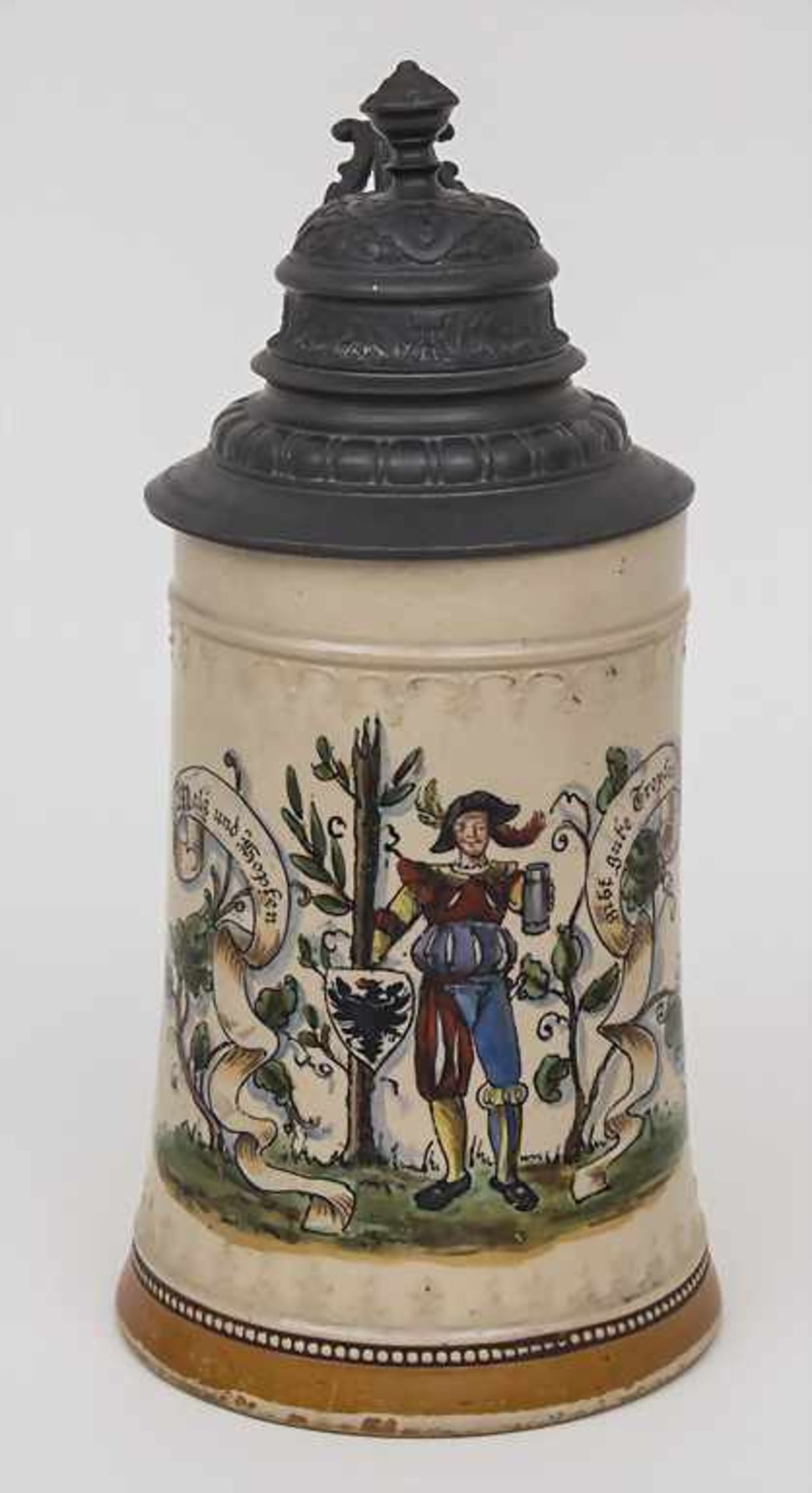 Bierkrug mit Figurendekor / A beer mug, deutsch, Ende 19. Jh. Material: Keramik, polychrom bemalt,