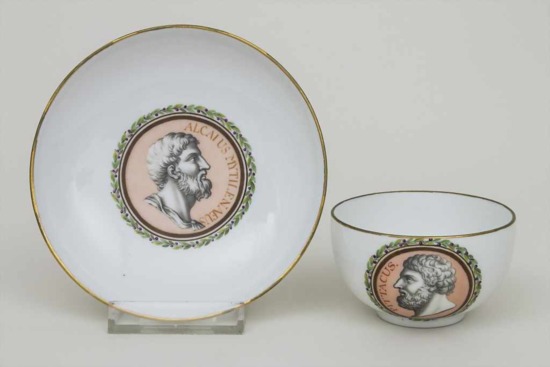 Tasse und UT mit Philosophen / A portrait cup and saucer with 2 philosophers, Meissen, letztes