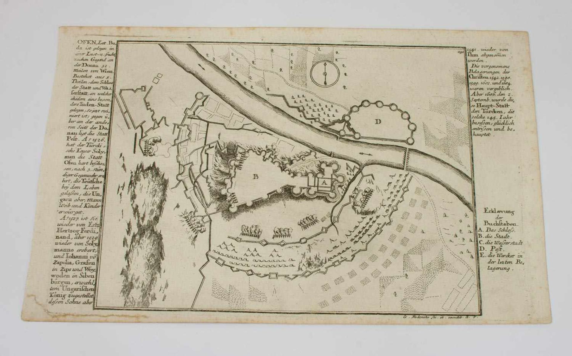 Gabriel Bodenehr Plan der Stadt Budapest um 1730, Kupferstich nach Gabriel Bodenehr, 18 x 28 cm