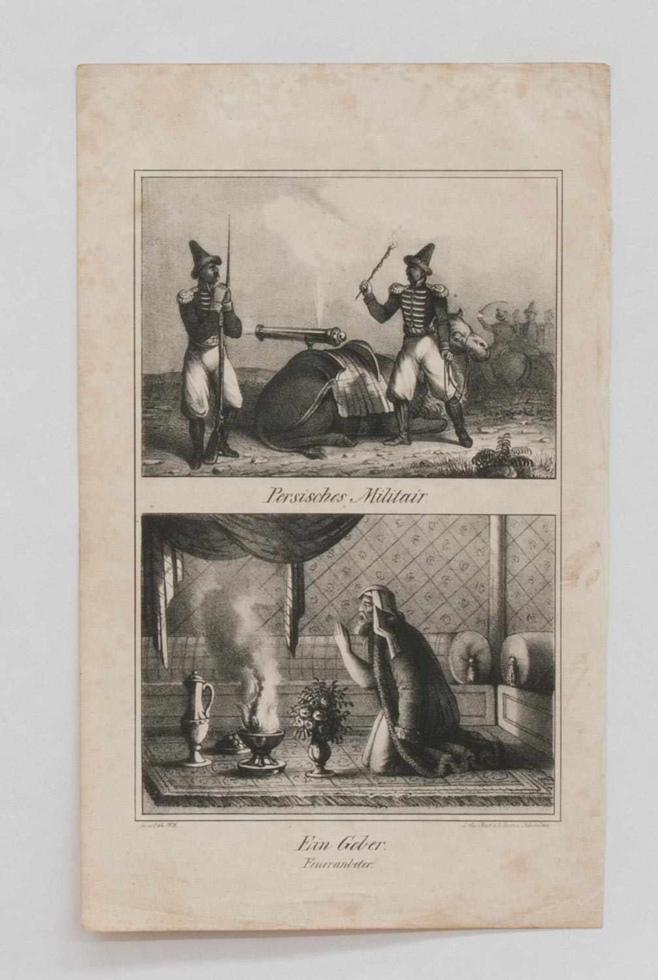 Stahlstich "Persisches Militair" - "Ein Geber-Feueranbeter" 2 Stahlstiche auf einem Blatt um 1850,