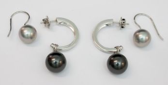 2 Paar Ohrhänger 925er Silber, Joop-Creolen mit dunkler Perle und Ohrhänger mit grauer Perle, L. 2,5
