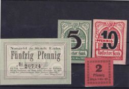 Lot Notgeld Mecklenburg, 3 x Rostock, 1 x Lübz, 1920er Jahre, bankfrisch