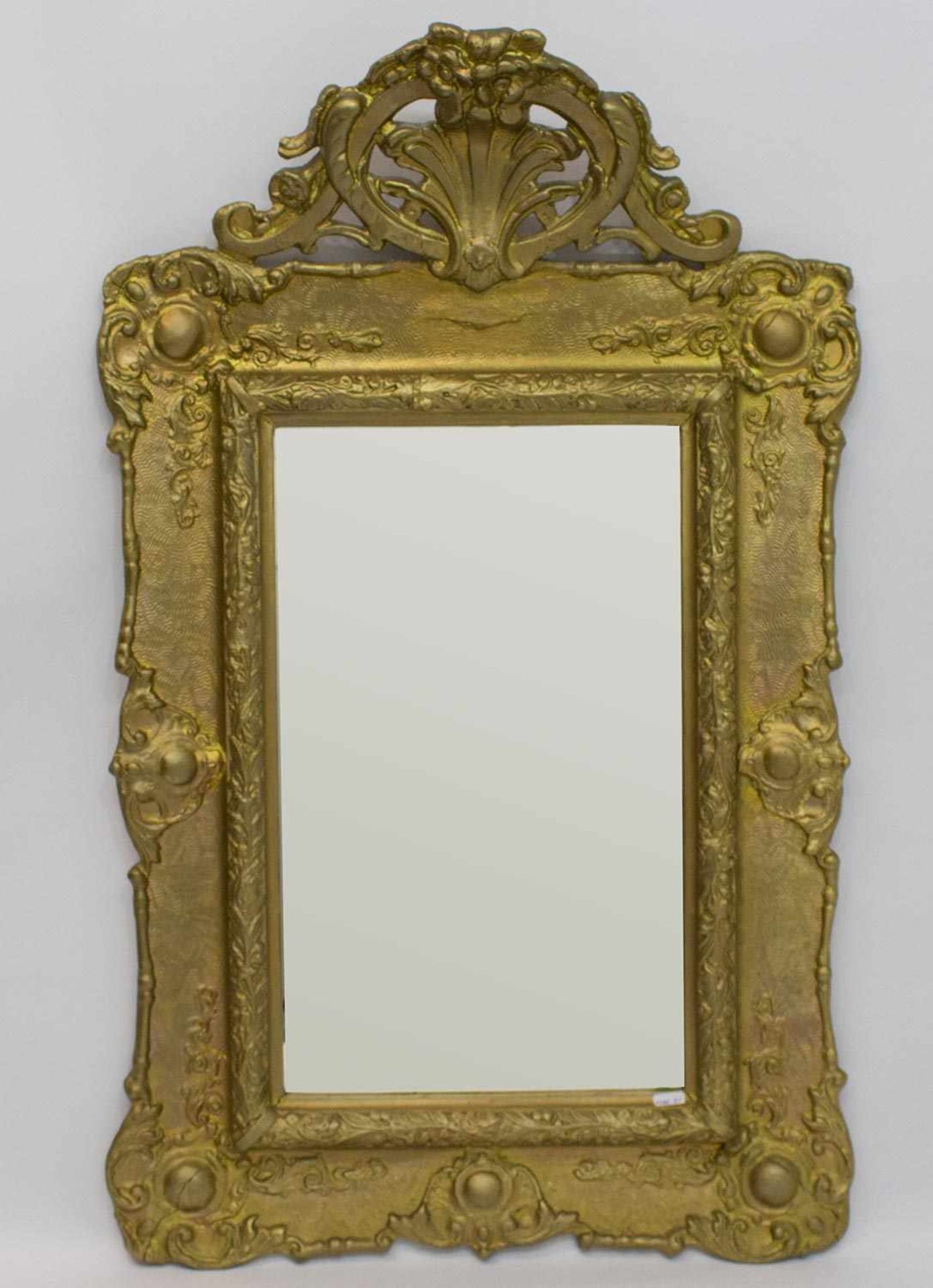 Antiker Spiegel 19. Jh., Holz/ Stuck, goldfarben gefaßt mit Bekrönung, Spiegelglas ersetzt, 76 x