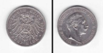 5 Mark Preussen 1907, Wilhelm II., Silber, vzgl.