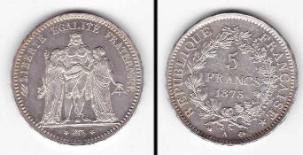 5 France Frankreich 1873, Herkulesgruppe, Silber