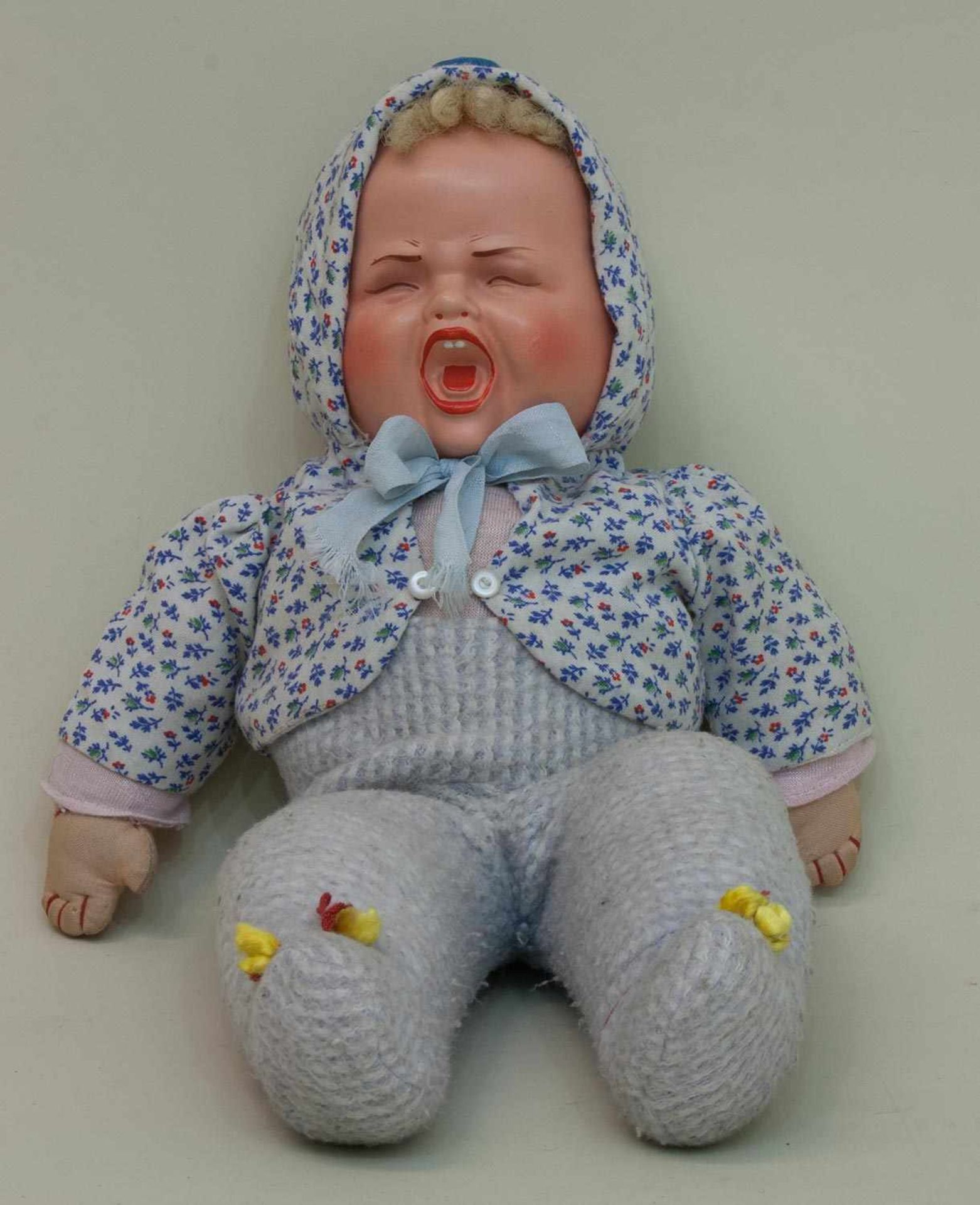 Träumerchen 3 - Gesichterpuppe um 1950er Jahre, mit Stimme u. Original Kleidung, H. 36 cm