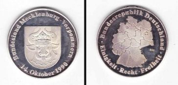 Medaille BRD 1990, Länderwappen Mecklenburg, 15g Feinsilber, PP