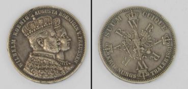 Kroenungs-Thaler Brandenburg-Preussen 1861, König Wilhelm u. Königin Augusta, Silber, 18,5g,