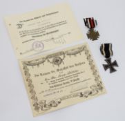 Ordensgruppe I. WK, Eisernes Kreuz 2. Klasse mit Verleihungsurkunde 1917, Ehrenkreuz für