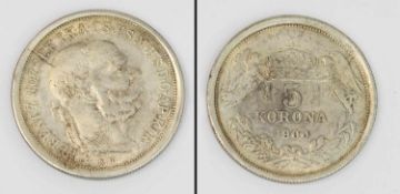 5 Kronen Österreich Ungarn 1900 K.B., Kaiser Franz Josef, Silber
