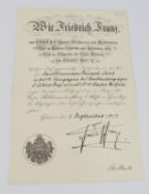 Urkunde Verleihungsurkunde für das Mecklenburgische Militärverdienstkreuz 2. Klasse für den