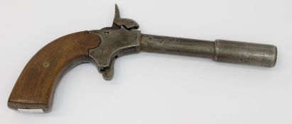 Taschenpistole Kal. 6,5, mit abschraubbarem Vorsatz für Leuchtmittel, Holzgriffschalen, L. 21 cm