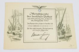 Urkunde III. Reich, „Metallspende des deutschen Volkes im Kriegsjahr 1940“