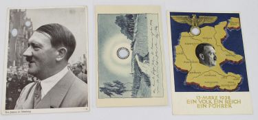 3 Postkarten III. Reich, 2 x Adolf Hitler, 1 x gelaufen mit Sonderstempel v. Reichsparteitag, 1x