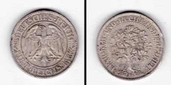 5 Reichsmark Deutsches Reich 1928 F, Eichbaum, Silber