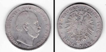 5 Mark Preussen 1876 B, Wilhelm I., Silber