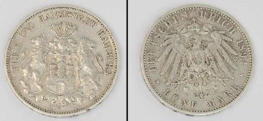 5 Mark Hamburg 1894 J, Stadtwappen, Silber, Randkerbe