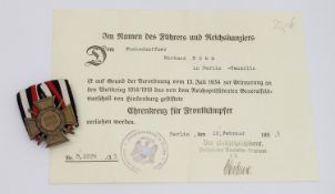 Ehrenkreuz Ehrenkreuz für Fronzkämpfer mit Schwertern, an Spange, Hersteller H.Meyer/ Darmstadt,