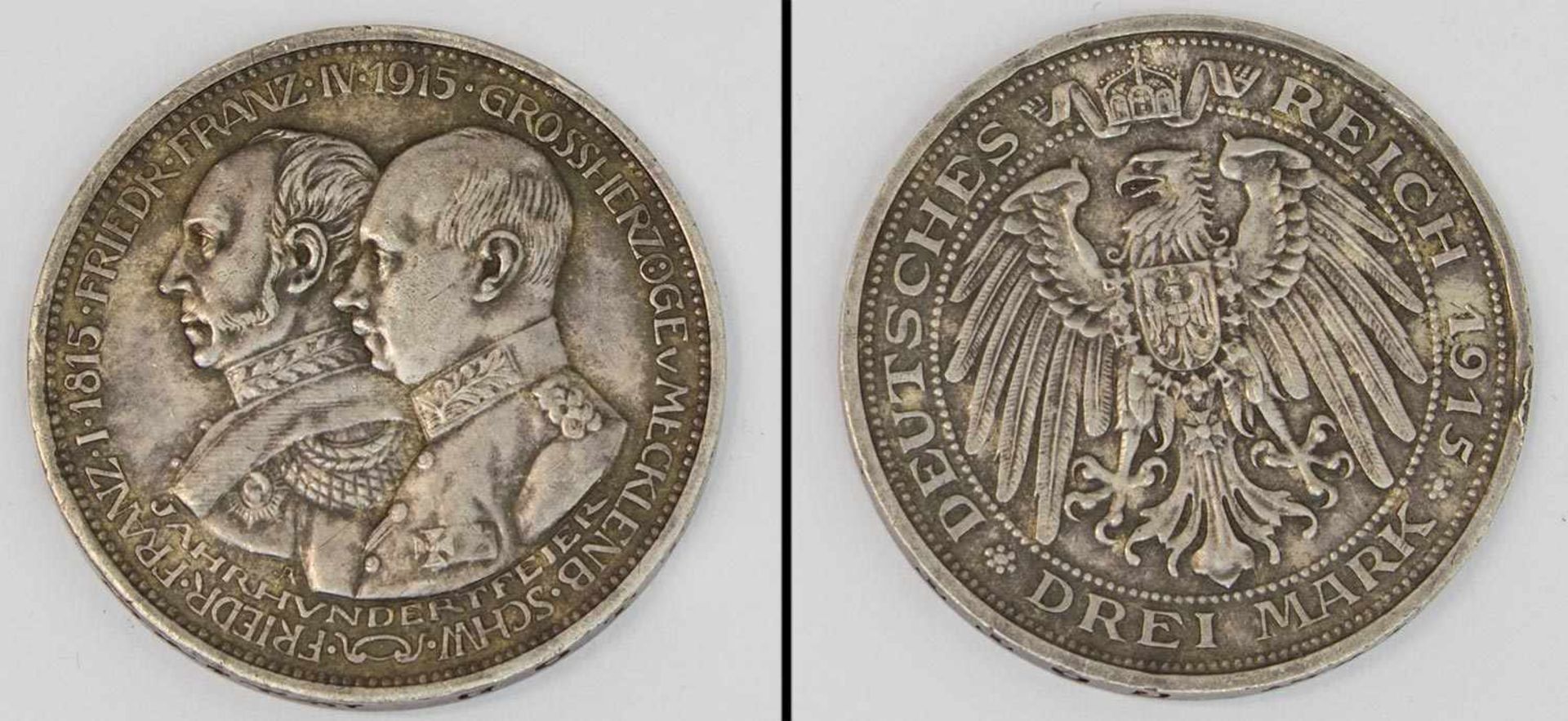 3 Mark Mecklenburg-Schwerin 1915 A, Friedrich Franz I. und Friedrich Franz IV., Silber, vz. (