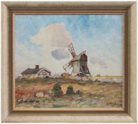 Unleserlich (Landschaftsmaler d. 20. Jh.) Weite Landschaft mit Windmühle Öl/ Hartfaser, 25,5 x 29