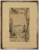 Undeutlich (Maler u. Zeichner d. 1. Hälfte d. 20. Jh.) Strandszene mit Dampfer Aquarell/